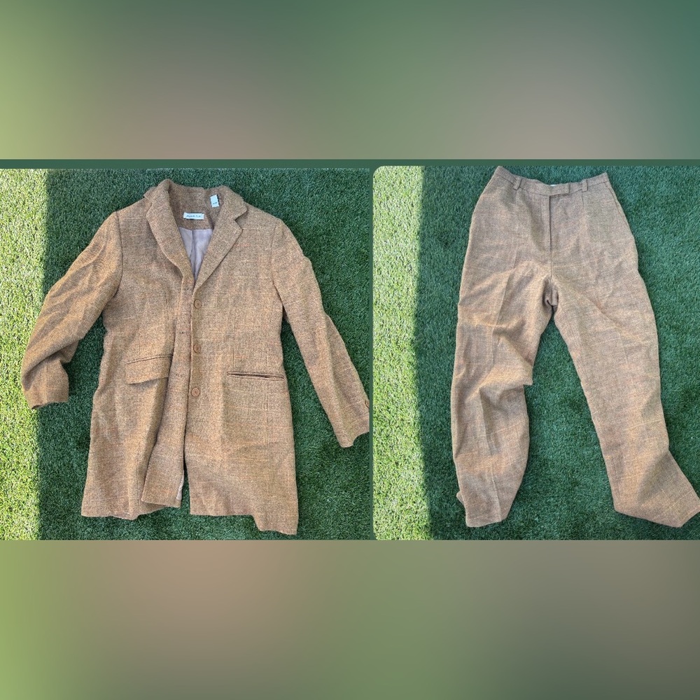 2 PIECE - Vintage matching tan and brown plaid overcoat with matching trousers